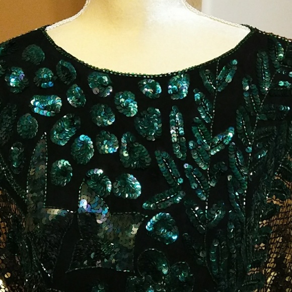 Large Vintage Elegance Anujan Gold/Green Sequin Blouse - Picture 8 of 10